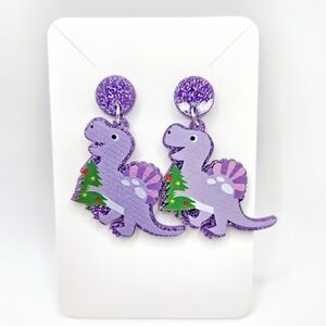 Purple Dinosaurs Christmas Tree Post Dangle Earrings New